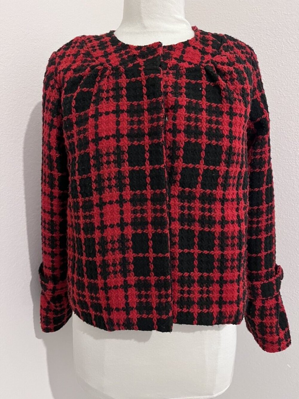 Oleg Cassini Vintage Plaid Wool Blend Lady Jacket Size M Jackie O Style Red Blk - Picture 3 of 14